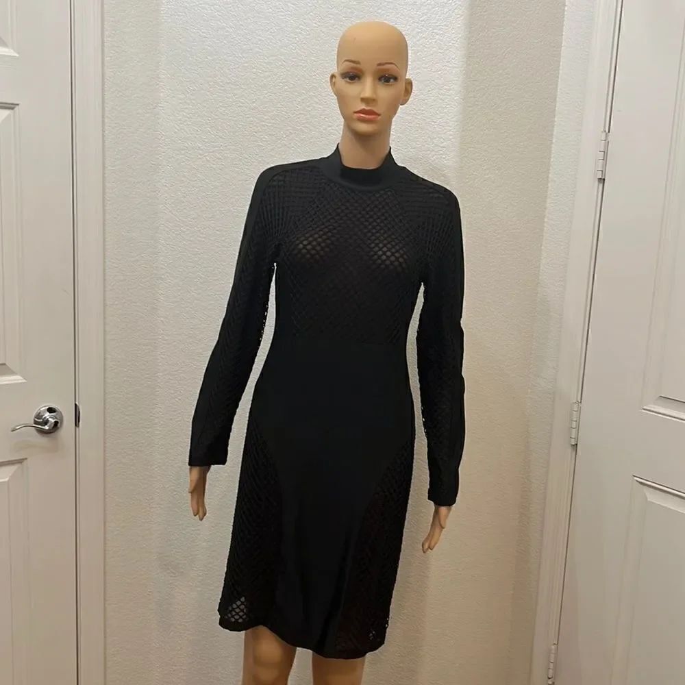 Black Dress XL Sexy Slimming Mesh Inserts Long Sleeve Mini Zipper Back